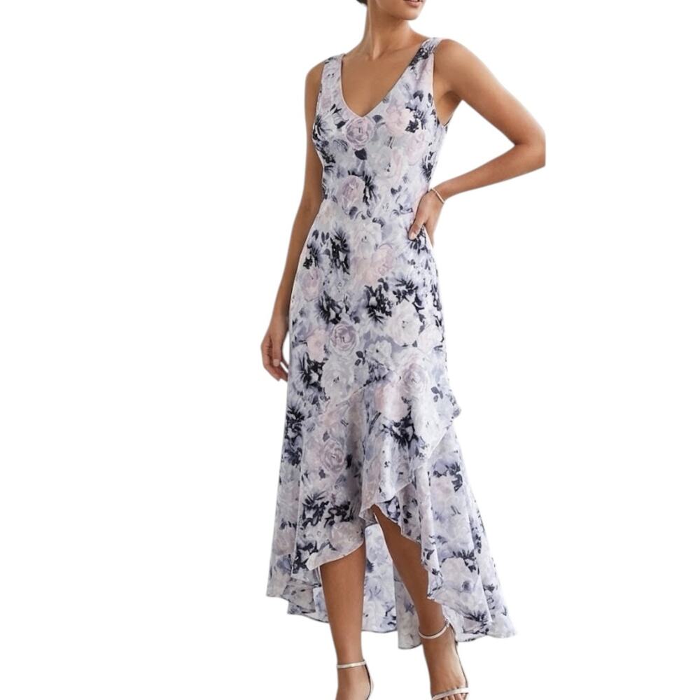Alex Evenings Lilac Floral High Low Dress Sleeveless V-Neck Women size 12 Petite